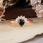 Unique Pear Cut Halo Black Onyx Engagement Ring Bezel Cluster Ring